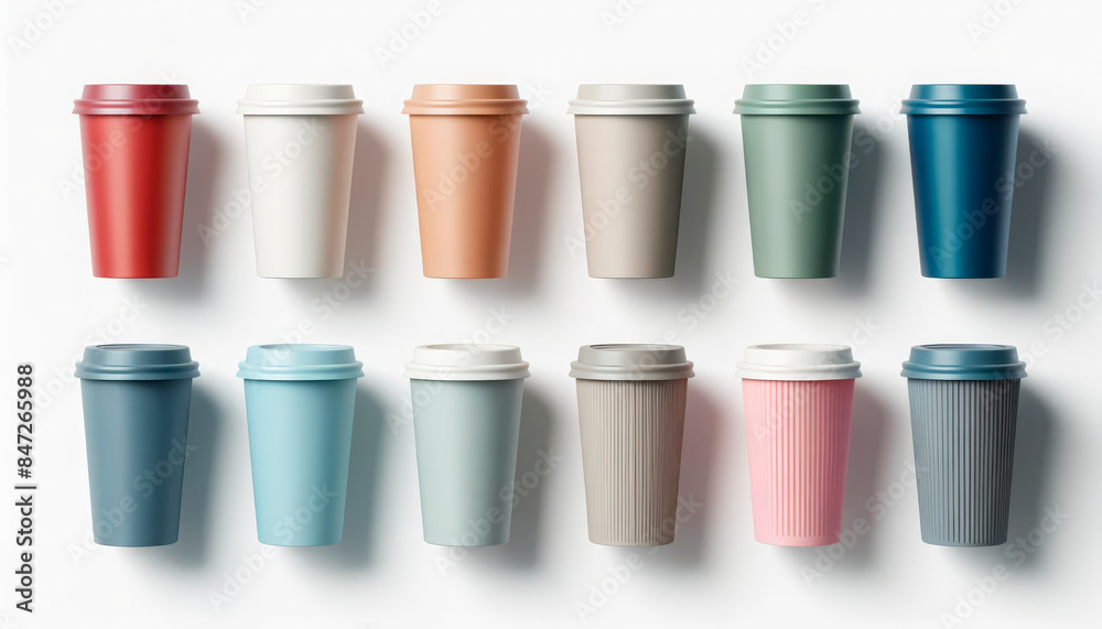 Mockup of colorful reusable coffee cups in various pastel shades arranged on a plain background. Concept of sustainable and stylish drinkware. Useful for coffee shops, eco-friendly brands, and design Mockup of colorful reusable coffee cups in various pastel shades arranged on a plain background. Concept of sustainable and stylish drinkware. Useful for coffee shops, eco-friendly brands, and design
