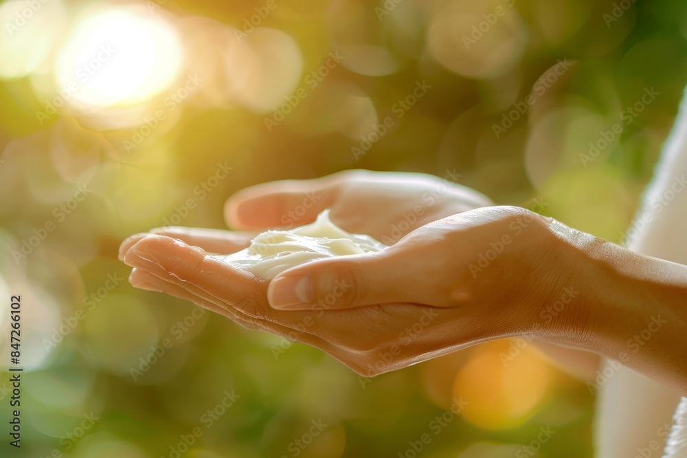 Close-Up of Hands Applying Moisturizing Cream with Soft Blurred Background for Skincare and Wellness Close-Up of Hands Applying Moisturizing Cream with Soft Blurred Background for Skincare and Wellness
