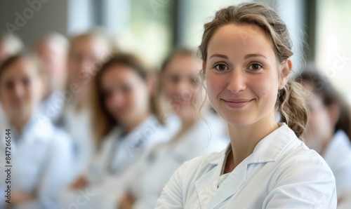 Female woman doctor nurse portrait shot smiling cheerful confident standing front row in medical training class or seminar room background