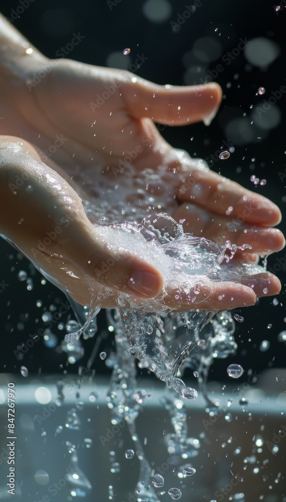 Hand Washing with Soap and Water for Cleanliness and Hygiene in a Modern Bathroom Setting Hand Washing with Soap and Water for Cleanliness and Hygiene in a Modern Bathroom Setting