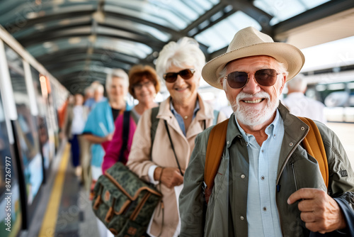 group happy elderly people traveling. Generative AI © herraez