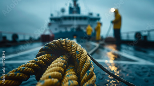 Silhouettes of crew members securing a ship with ropes during a moody dusk at sea photo