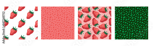 Strawberry seamless pattern set of four. Hand drawn vector Doodle print with Red Berry background and abstract patterns. Berry organic food for dessert menu, wallpaper, textile, wrapping, Основные RGB