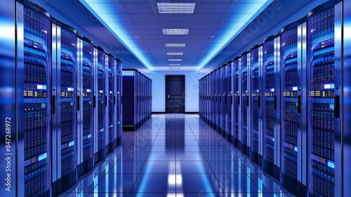 Data center room with server racks, representing high-tech cloud computing and information storage solutions.
