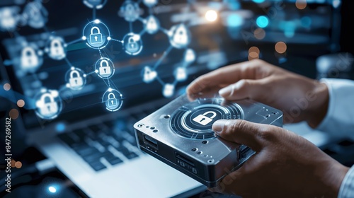 Network security concept with encrypted hard drive. Perfect for technology and cybersecurity, illustrating concepts of data protection and information safety.