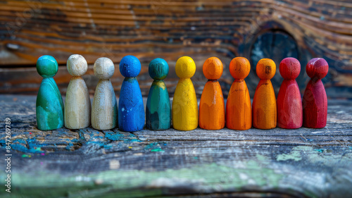 LGBT Solidarity - Colorful Wooden Figures Holding Hands. Vibrant wooden figures join hands in a show of LGBT support and unity, a versatile visual for content about inclusion, equality, and community.