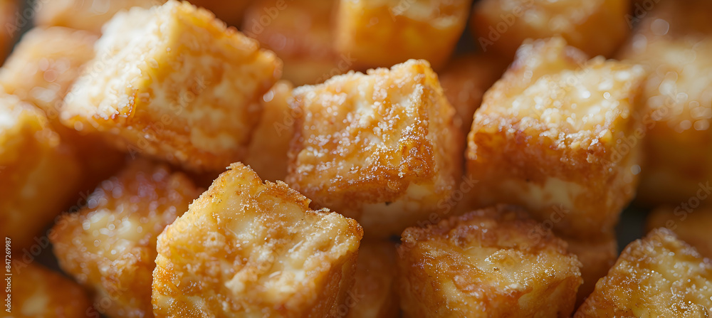 A close-up of a fast food tofu cube, showcasing the crispy exterior and soft interior A close-up of a fast food tofu cube, showcasing the crispy exterior and soft interior