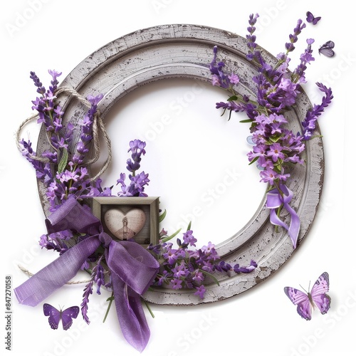 Lavender themed photo frame with flowers, butterflies and ribbons 
