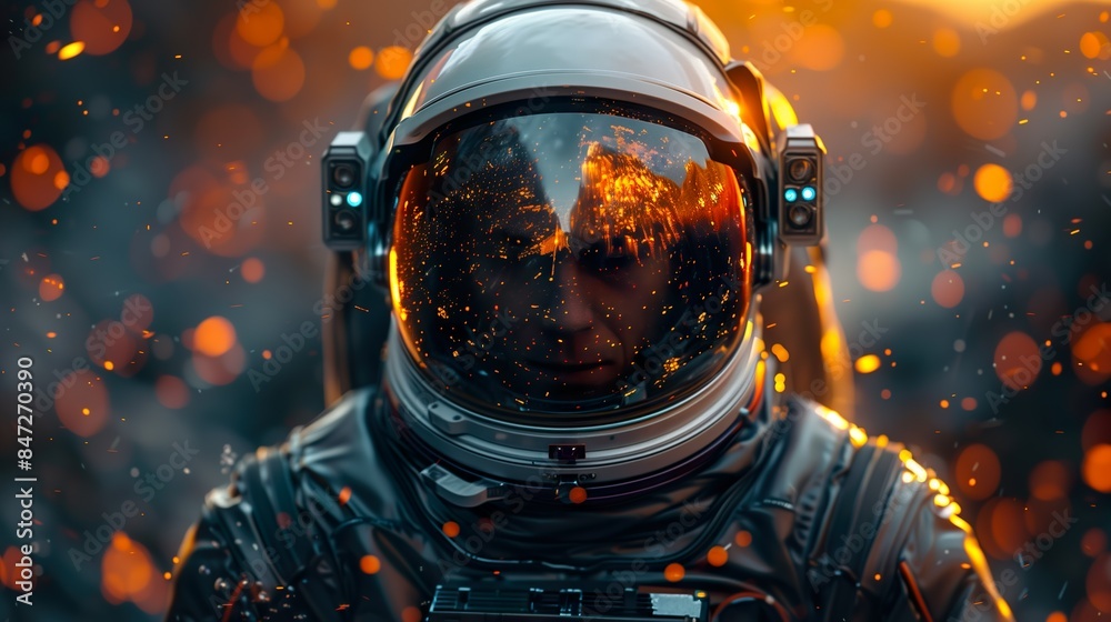 Astronaut Reflecting in Fiery Cosmic Environment - ai generative Astronaut Reflecting in Fiery Cosmic Environment - ai generative
