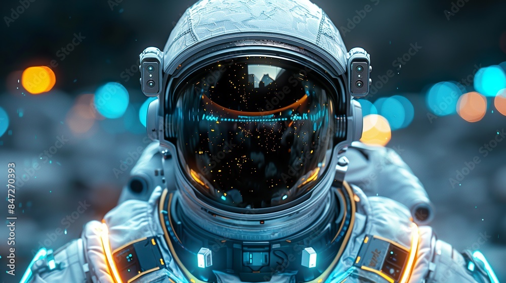 Futuristic Astronaut with Reflective Helmet in Neon-lit Space - ai generative Futuristic Astronaut with Reflective Helmet in Neon-lit Space - ai generative