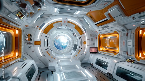 Fototapeta Naklejka Na Ścianę i Meble -  Futuristic Space Station Interior with Earth View Through Window - ai generative