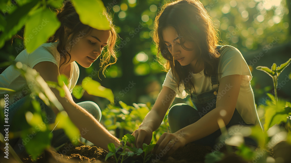 Two young individuals gardening together, illustrating collaboration and environmental care. Suitable for environmental campaigns, sustainability, and community projects. Two young individuals gardening together, illustrating collaboration and environmental care. Suitable for environmental campaigns, sustainability, and community projects.