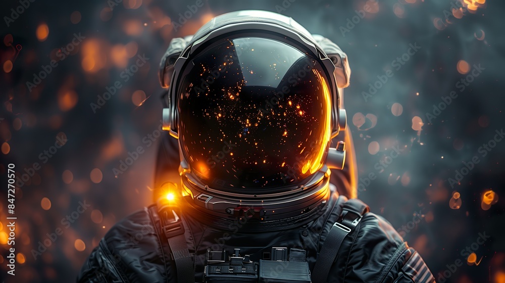 Close-Up of Astronaut Helmet Reflecting Fiery Particles in Space - ai generative Close-Up of Astronaut Helmet Reflecting Fiery Particles in Space - ai generative