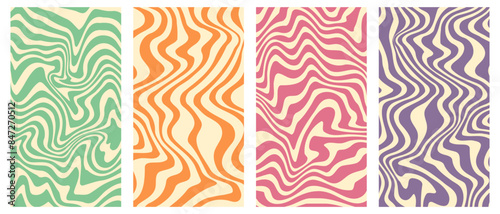 Vector set of groovy posters in trendy retro 1970s style. Vertical wavy backgrounds. Vector illustration