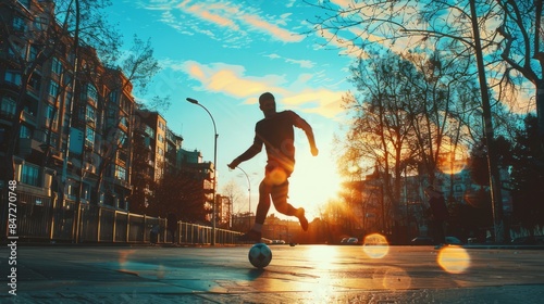 A silhouette of a person dribbling on a city street with a beautiful blue sky in the background in the afternoon.