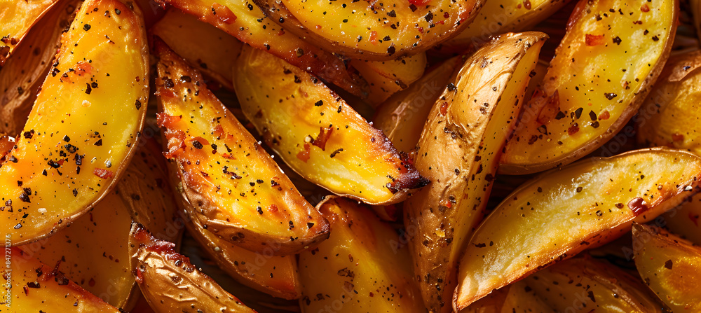 A close-up of a handful of fast food potato wedges, showcasing the crispy texture and seasoning A close-up of a handful of fast food potato wedges, showcasing the crispy texture and seasoning