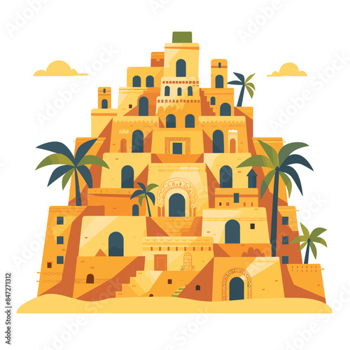 Tableau sur toile Illustrated ancient ziggurat structure surrounded palm trees under hazy sky