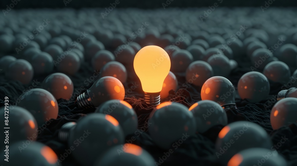 Fototapeta premium One of Lightbulb glowing among shutdown light bulb in dark area with copy space for creative thinking