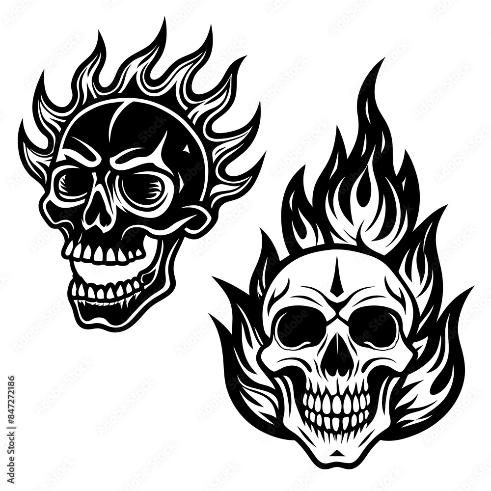 scary black and gray flaming skulls are depicted scary black and gray flaming skulls are depicted