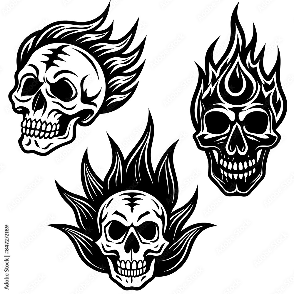 scary black and gray flaming skulls are depicted 