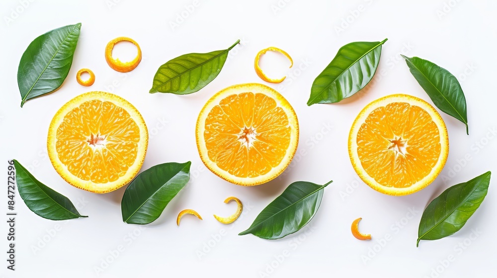 Fresh orange fruit sliced in half, with green leaves, isolated on a white background. Fresh orange fruit sliced in half, with green leaves, isolated on a white background.