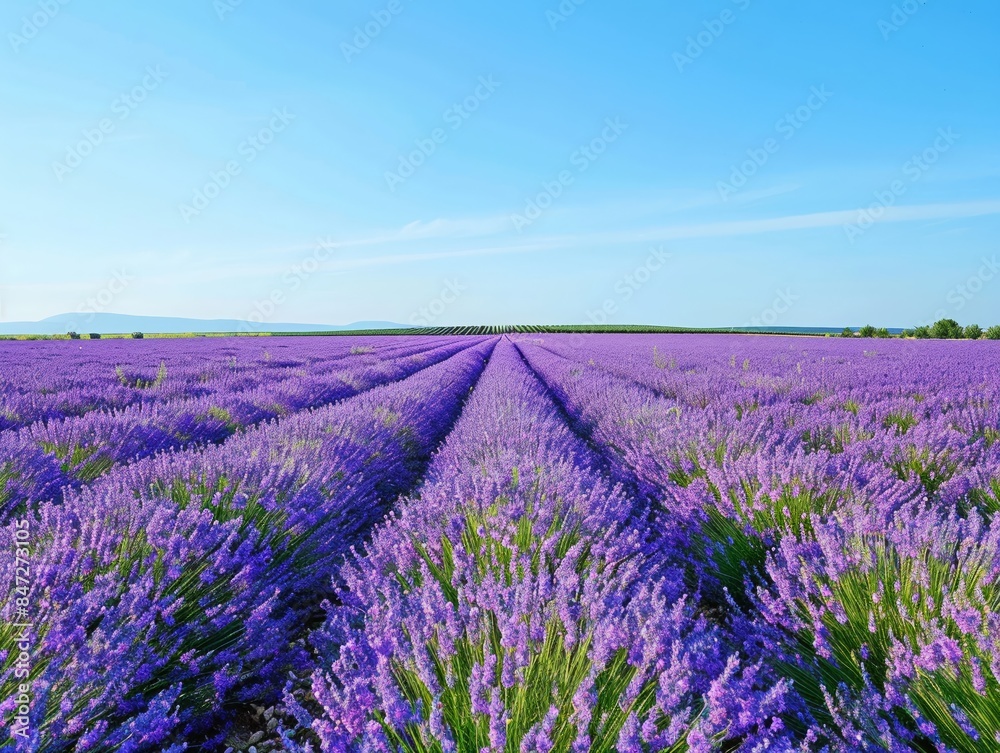 Obraz premium A scenic view of a lavender field in full bloom with a clear blue sky