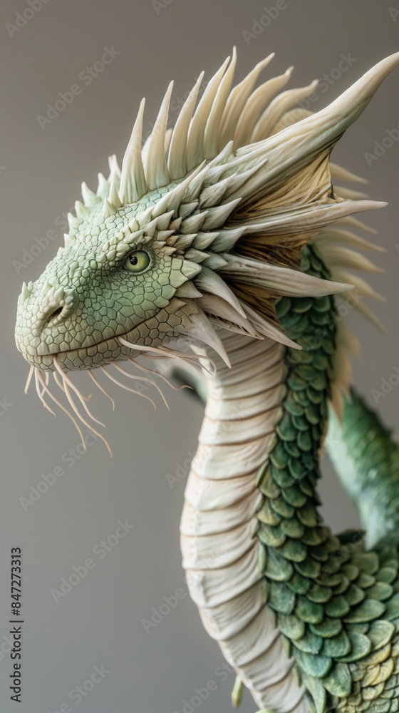 Fototapeta premium Regal Dragon With Flowing Spines And Detailed Scales Against Neutral Background