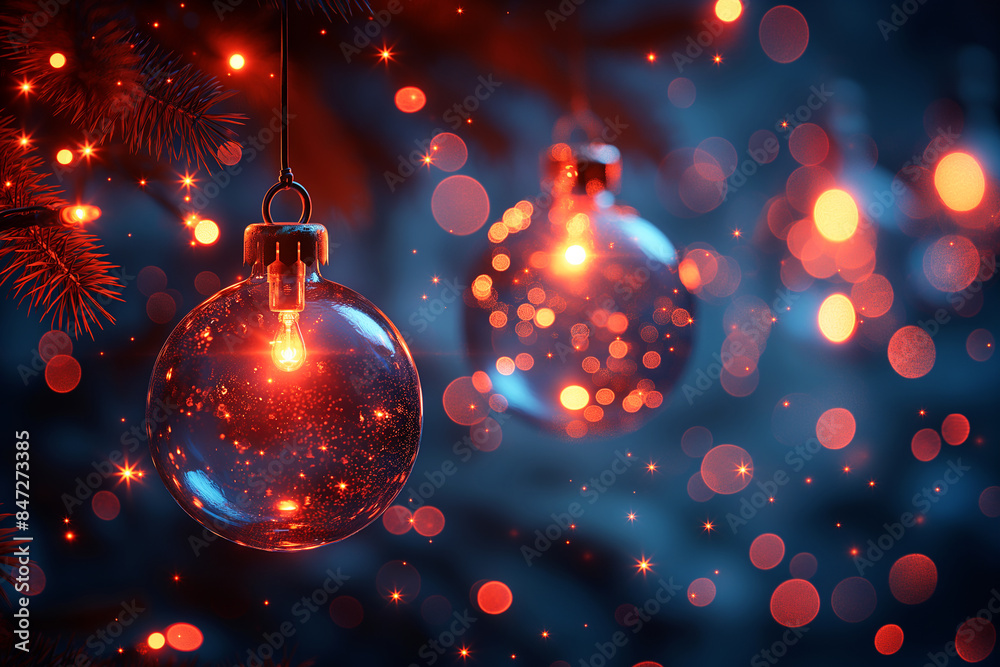 Festive Christmas bauble on a holiday tree with glowing lights and sparkling decoration Festive Christmas bauble on a holiday tree with glowing lights and sparkling decoration
