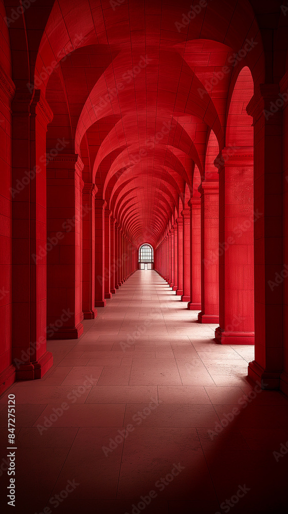 Fototapeta premium Red arches in a corridor hallway with columns and a stunning perspective highlighting symmetry and shadow