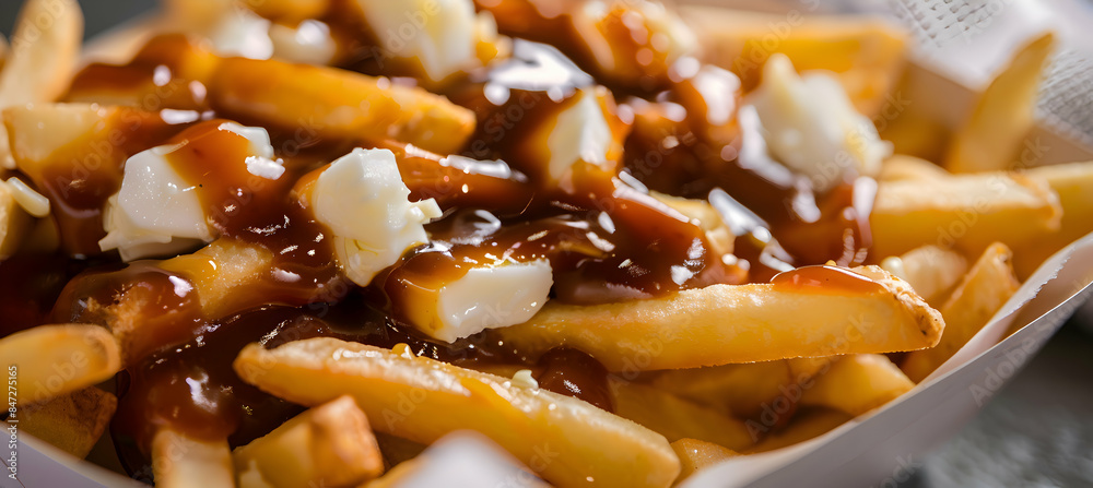 A close-up of a serving of fast food poutine, showcasing the crispy fries, melted cheese, and rich gravy A close-up of a serving of fast food poutine, showcasing the crispy fries, melted cheese, and rich gravy