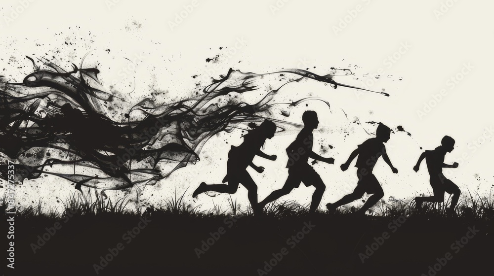 A silhouette of a supporter being chased by a splash of black liquid on a white background. A silhouette of a supporter being chased by a splash of black liquid on a white background.