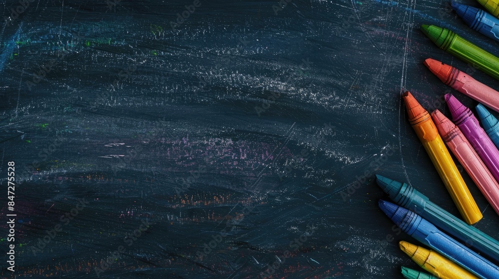 Crayons rest on a dark chalkboard with space for text Symbolizing school learning and youth Crayons rest on a dark chalkboard with space for text Symbolizing school learning and youth