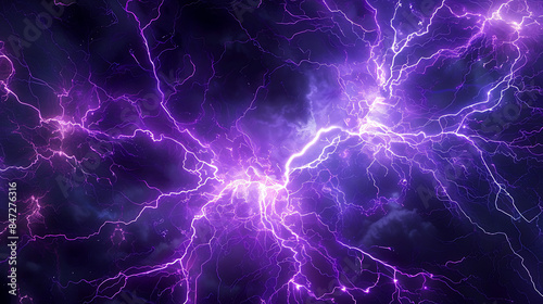 a captivating scene of vibrant purple lightning against a dark, stormy sky. The intricate network of electric bolts illuminates the scene with a bright