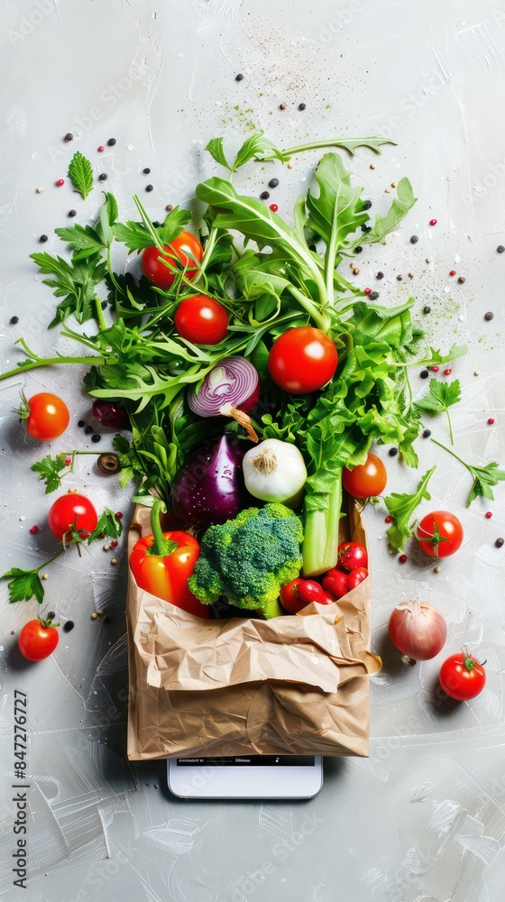 Fresh vegetables food delivery from mobile phone on isolated background,banner background Fresh vegetables food delivery from mobile phone on isolated background,banner background
