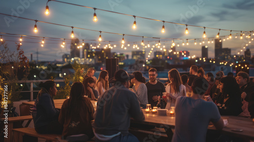 A rooftop party with young adults socializing, city skyline in the background, and string lights creating ambiance