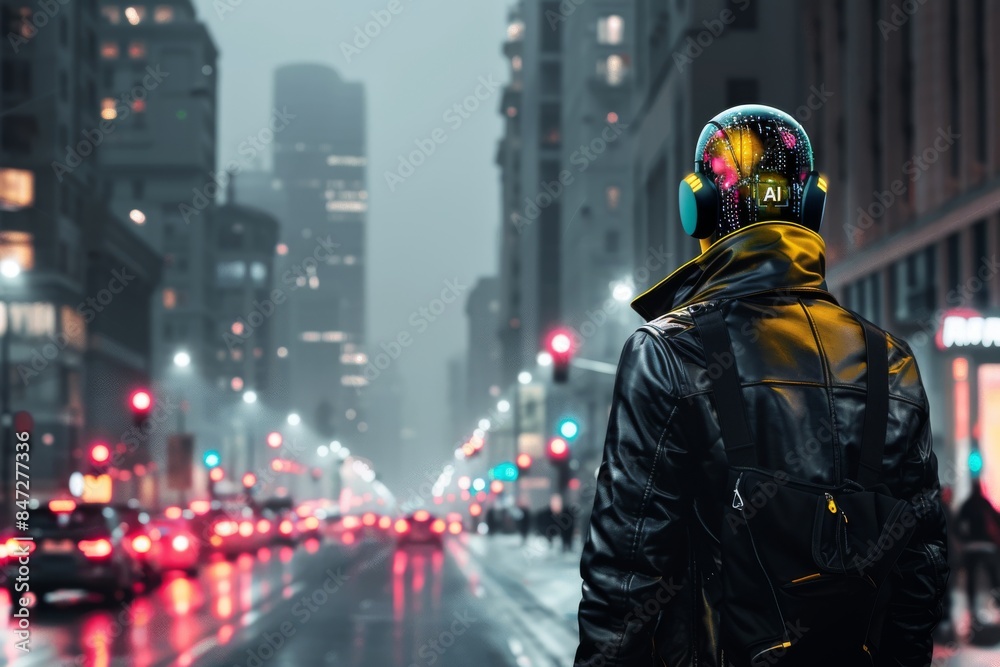 Futuristic Cityscape with AI Robot in Urban Night Setting Futuristic Cityscape with AI Robot in Urban Night Setting