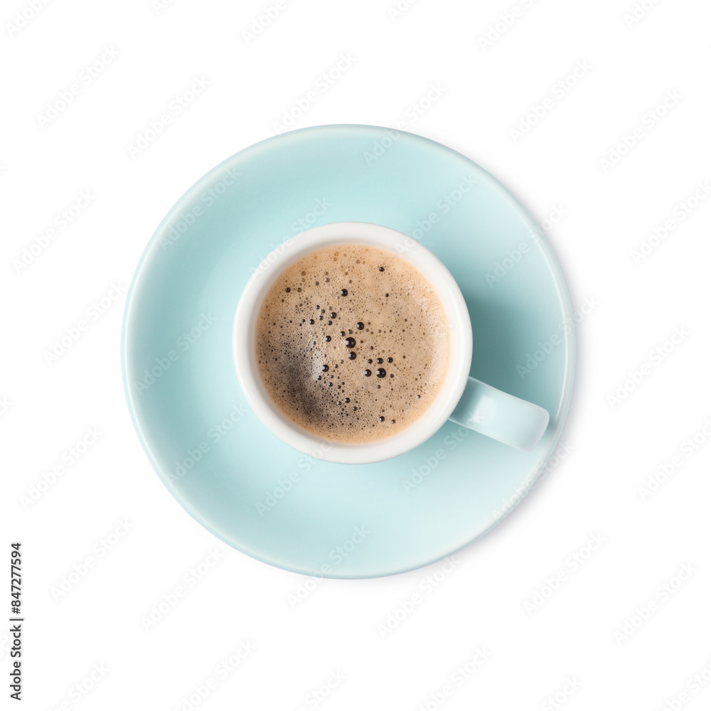 Tasty coffee in cup isolated on white, top view Tasty coffee in cup isolated on white, top view