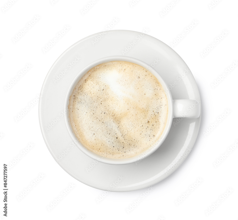 Tasty cappuccino in coffee cup isolated on white, top view Tasty cappuccino in coffee cup isolated on white, top view