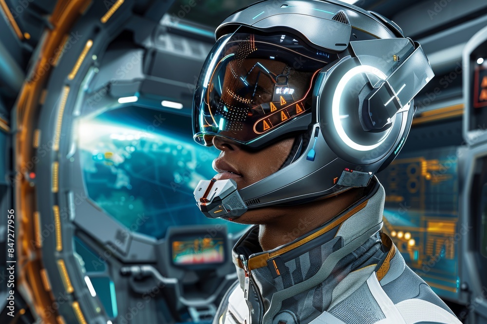 Futuristic AI Helmet with Digital Interface in Advanced Workspace Futuristic AI Helmet with Digital Interface in Advanced Workspace