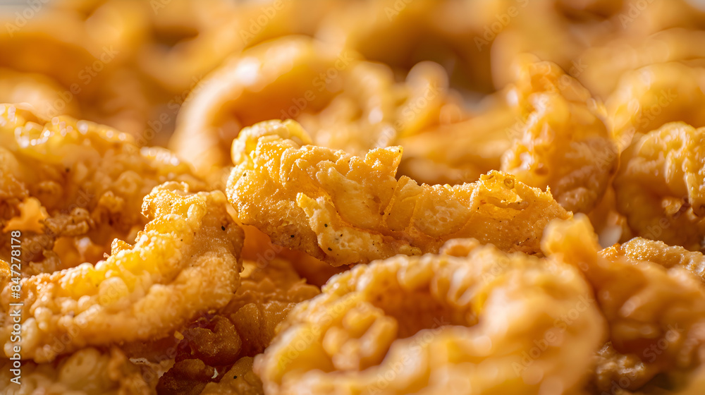 A close-up shot of a batch of gourmet fast food clam strips, highlighting the crispy texture and golden color A close-up shot of a batch of gourmet fast food clam strips, highlighting the crispy texture and golden color