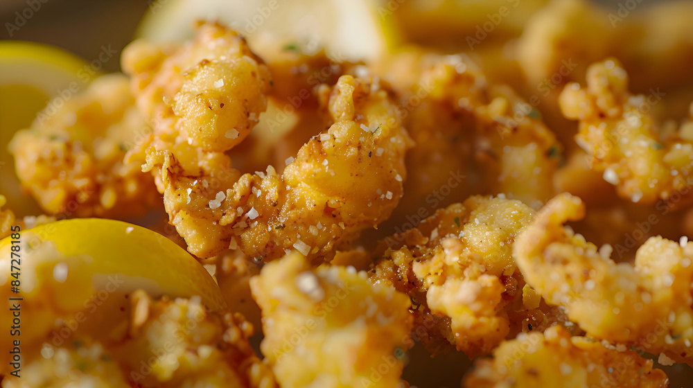 A close-up shot of a batch of gourmet fast food clam strips, highlighting the crispy texture and golden color