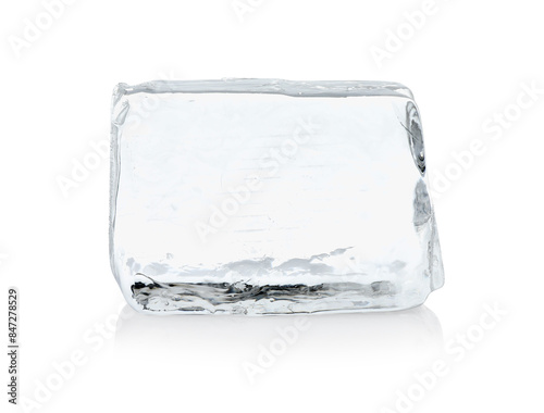 One cube of clear ice isolated on white