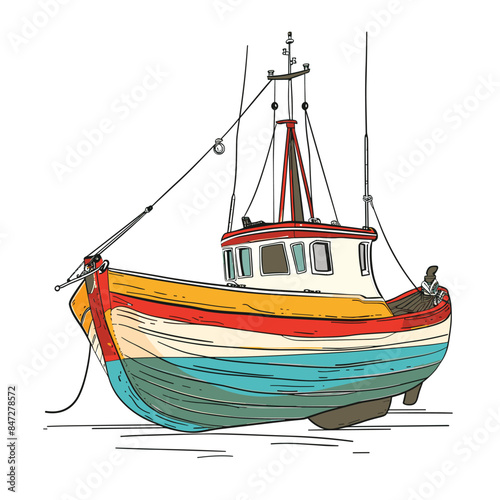 Colorful fishing boat illustration, handdrawn style, boat docked. Striped boat colors red, yellow, blue,, marine theme. Fisherman boat, commercial fishing, sea vessel, isolated white background