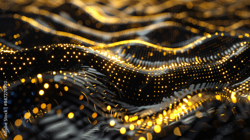 Golden abstract particles flowing to create digital waves of black information Golden abstract particles flowing to create digital waves of black information