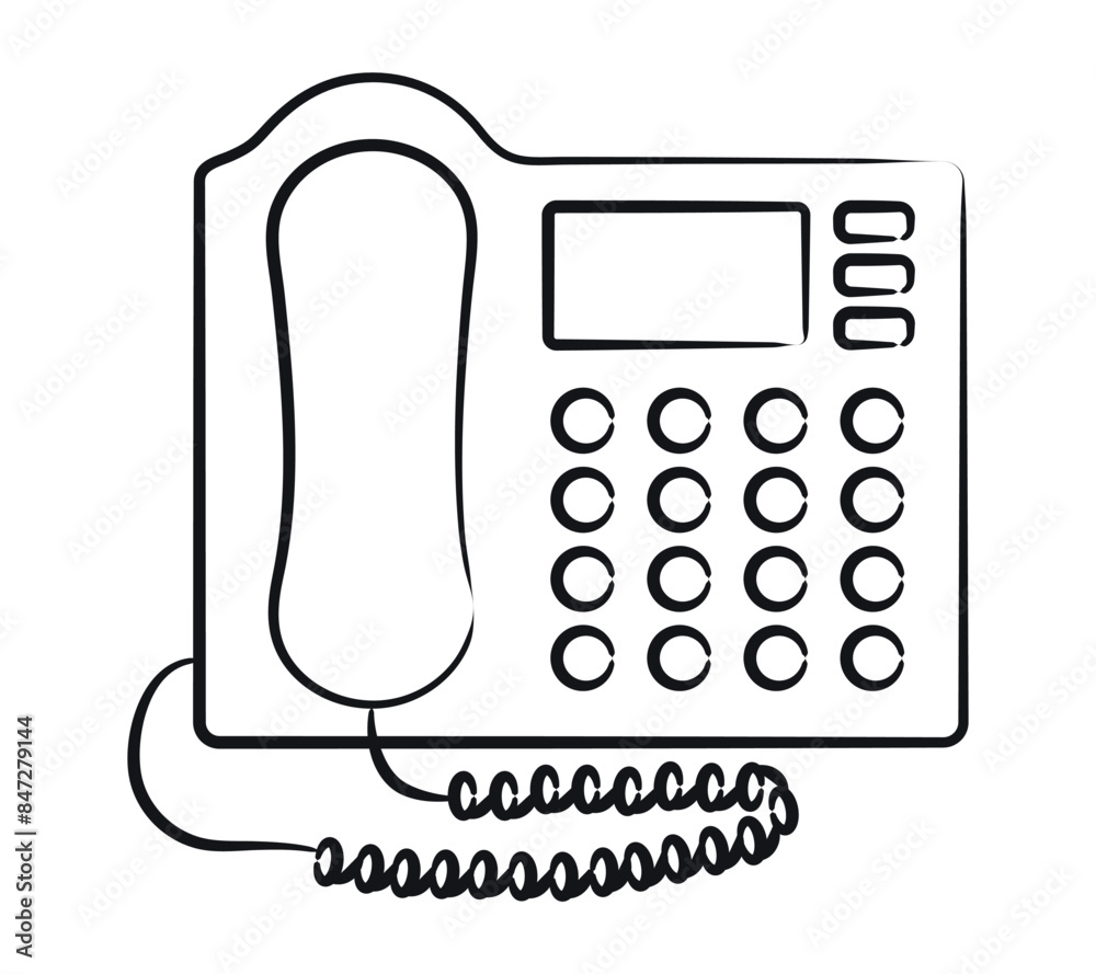 Sketch office automatic Telephone exchange, ATE. Pencil-drawn stationary equipment for calls with button, display. Contour Communication Device. Linear technique. Isolated object. Vector illustration Sketch office automatic Telephone exchange, ATE. Pencil-drawn stationary equipment for calls with button, display. Contour Communication Device. Linear technique. Isolated object. Vector illustration