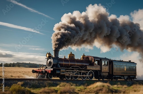  A steam-powered train chugging through a Victorian landscape