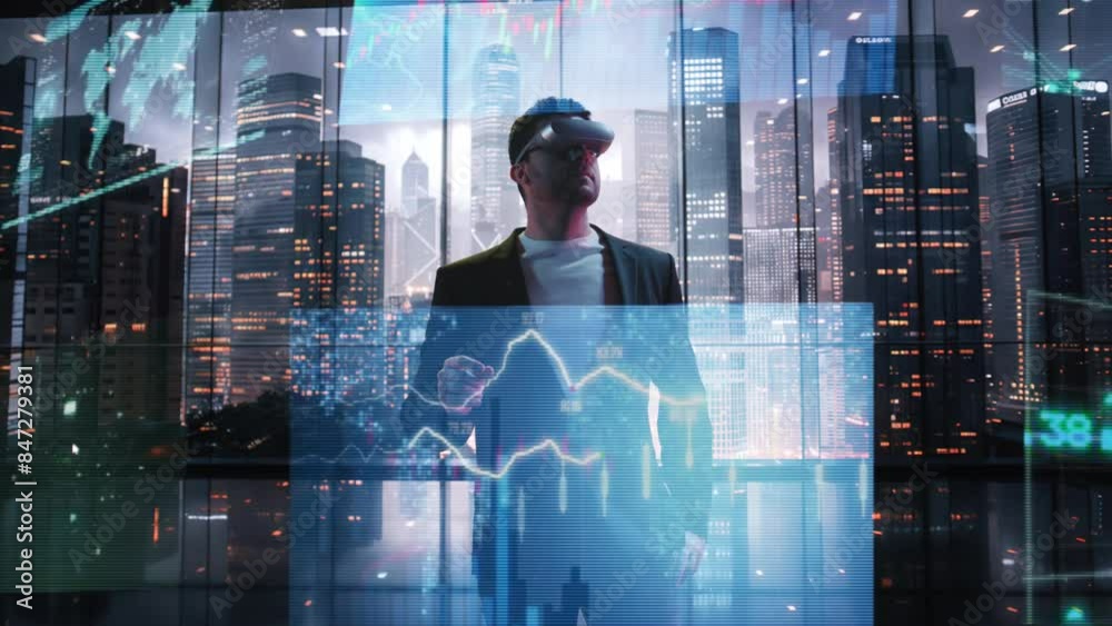 High-Tech Office Scene with Man Engaged in Virtual Reality Night Stock Market Investing Finance Tech Success High-Tech Office Scene with Man Engaged in Virtual Reality Night Stock Market Investing Finance Tech Success