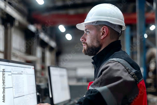 A man wearing a hard hat and work uniform sits at a computer in a factory setting.