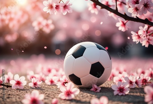 Photoball surrounded by cherry blossoms, sakura. Close-up. Banner, poster, background. With copy space photo
