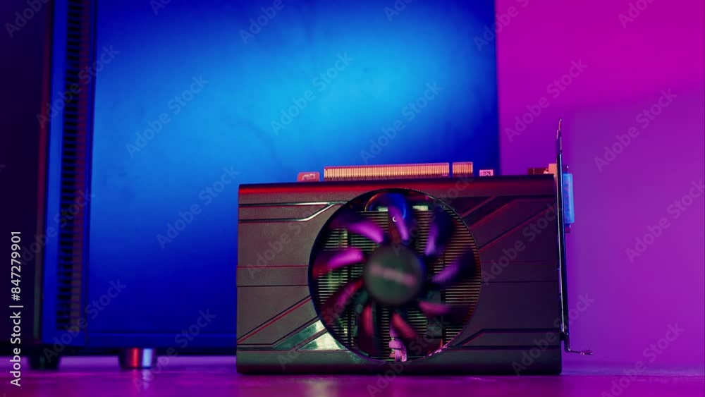 Video Card with fan close up. Computer technician using compressed air spray blowing in GPU for cleaning inside. Rendering and gaming computer hardware components